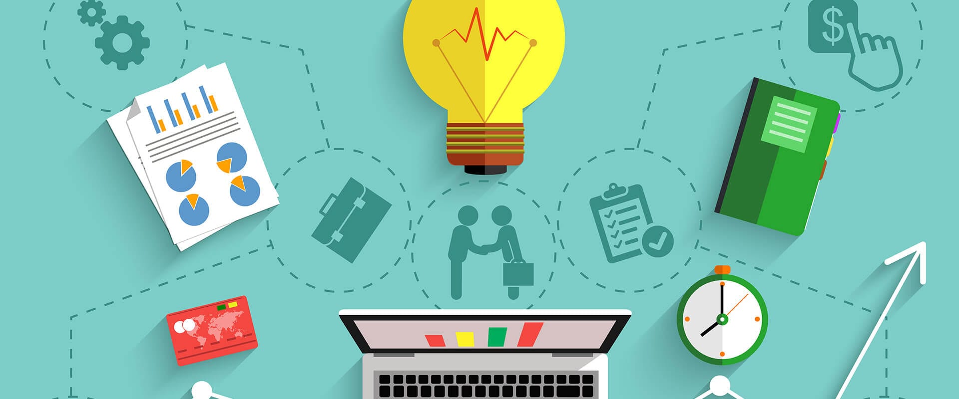 Symbolhaftes Eingangsbild für die Seite Konzepte. Es werden ein Laptop, ein Terminplaner, eine Glühbirne, eine Statistik und eine Uhr . Schemenhaft sind im Hintergrund noch Dinge wie Zahnräder, einen Koffer, zwei Strichmännchen die sich die Hand geben, eine To-Do-Liste und eine Hand die auf eine Banknote zeigt zu sehen.