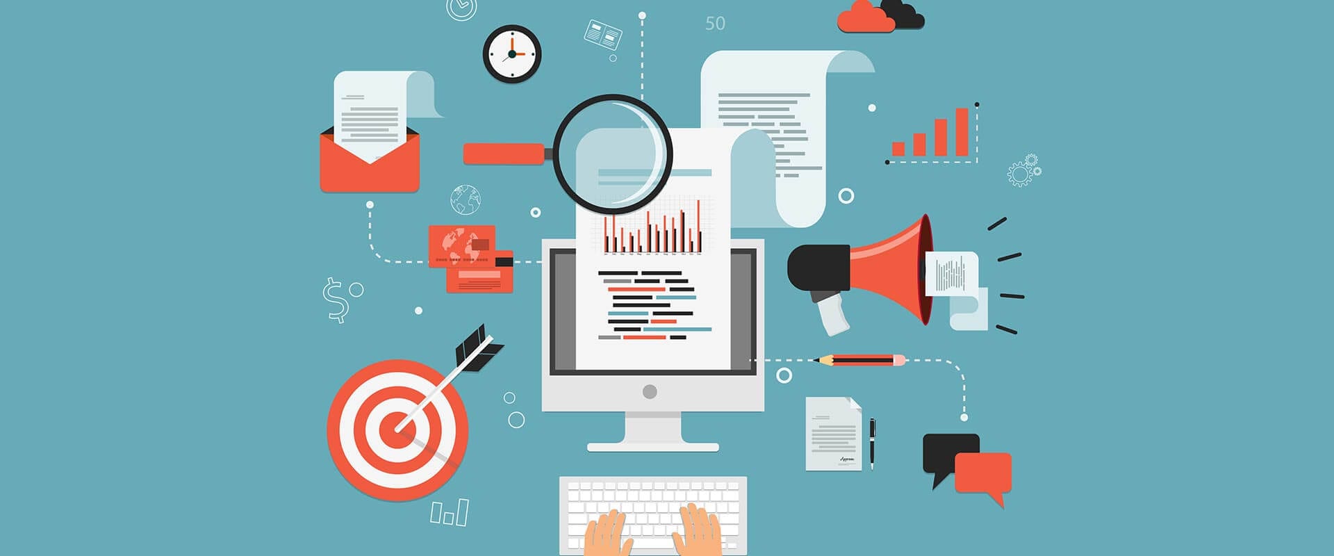 Eingangsbild für die Printseite mit symbolischer Darstellung eines Printauftrages. Gezeigt wird ein Rechner aus dem ein gedrucktes Blatt Papier kommt. Dazu dann noch viele andere Grafiken, die den konzeptionellen Part eines Printauftrages aufzeigen, wie eine Statistik (Marketinganalyse), eine Zielscheibe (Zielgruppendefinition) und so weiter.