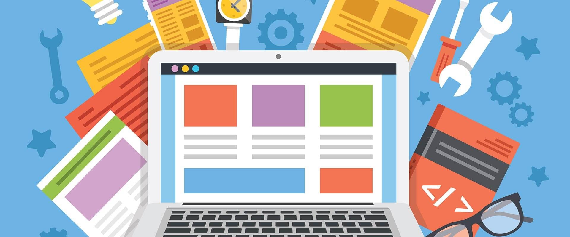 Symbolisches Eingangsbild für die Unterseite Webdesign, welche einen Laptop zeigt auf dem eine skizzierte Webseite zu sehen ist. Im Hintergrund befinden sich unterschiedliche Werkzeuge, ein Buch zu dem Thema Programmieren und viele Darstellungsoptionen einer Webseite.